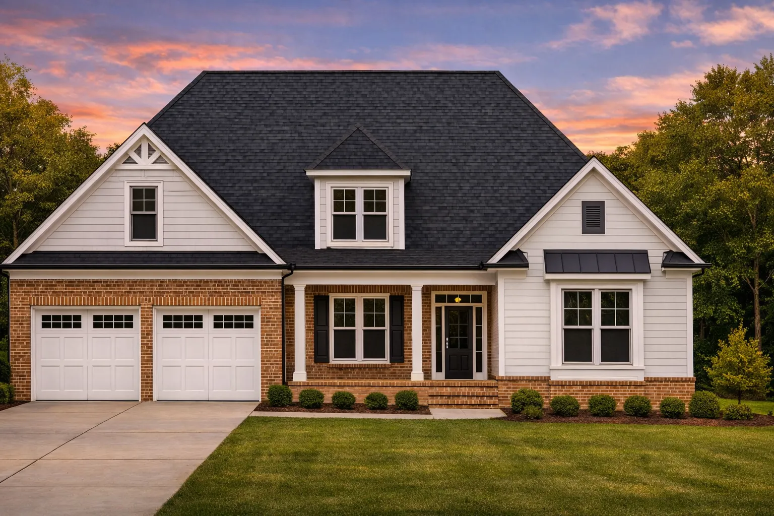 Front elevation of a Traditional Craftsman style home featuring stone accents, shake siding, and a two-car garage beneath a steep gable roof
