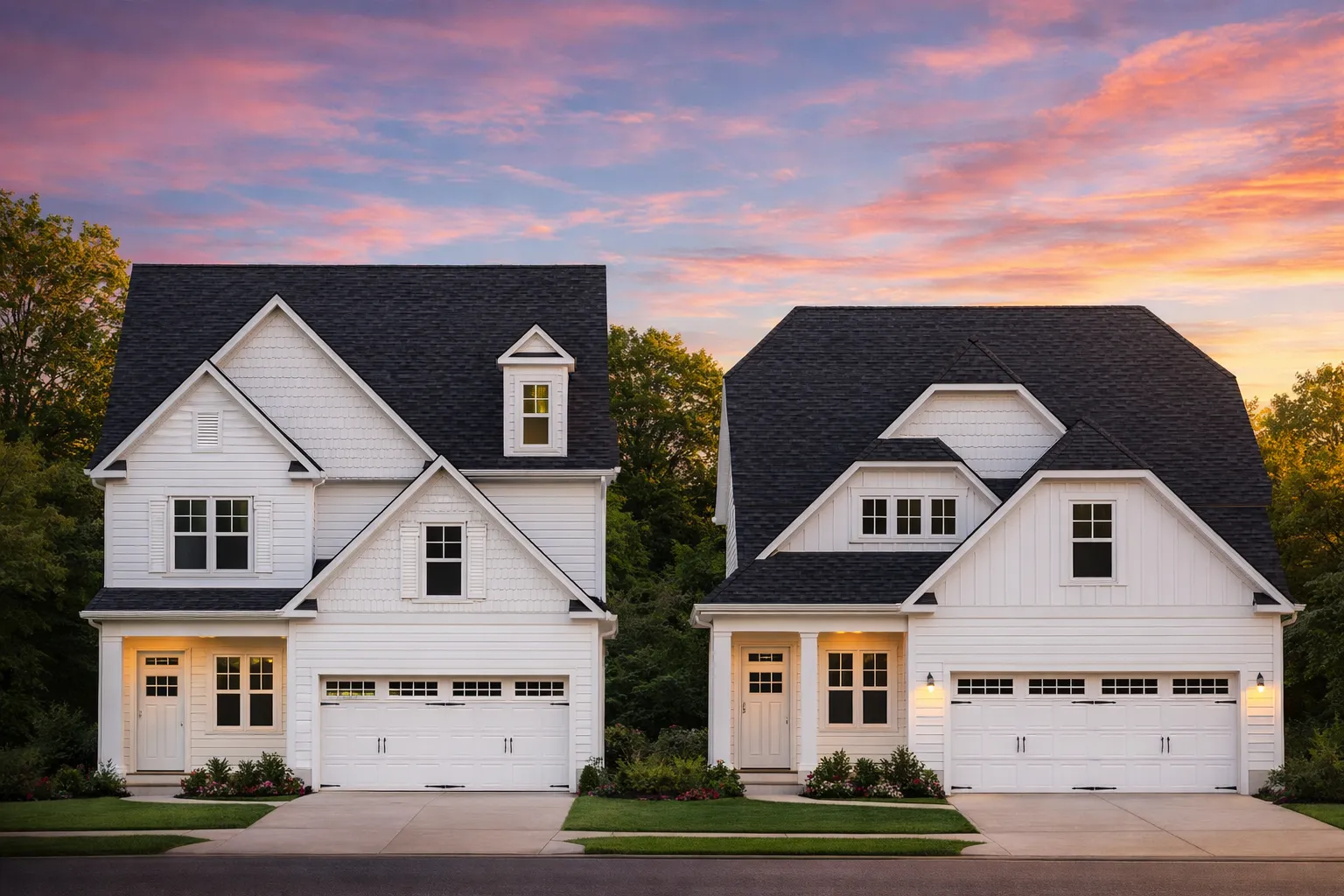 Front elevation of a Traditional New American style home featuring horizontal lap siding, shingle accents, and partial stone wainscoting with a welcoming covered porch.