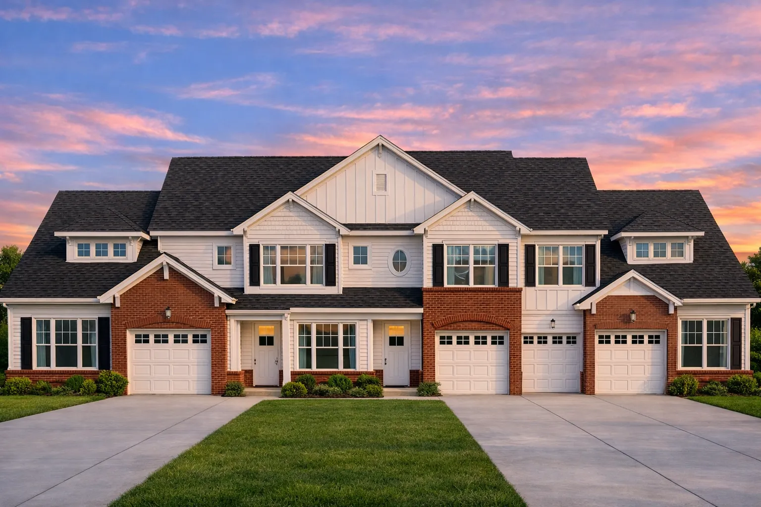 Front elevation of a New American Traditional Suburban townhome featuring horizontal siding, stone accents, and symmetrical multi-unit design