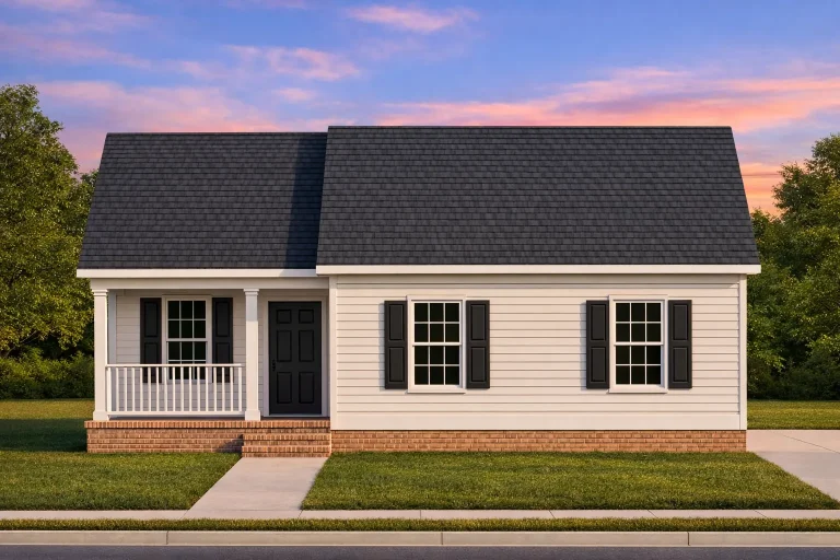 Front view of a Traditional Cottage style home with tan horizontal siding, brown roof, and stone foundation accents beneath a covered porch