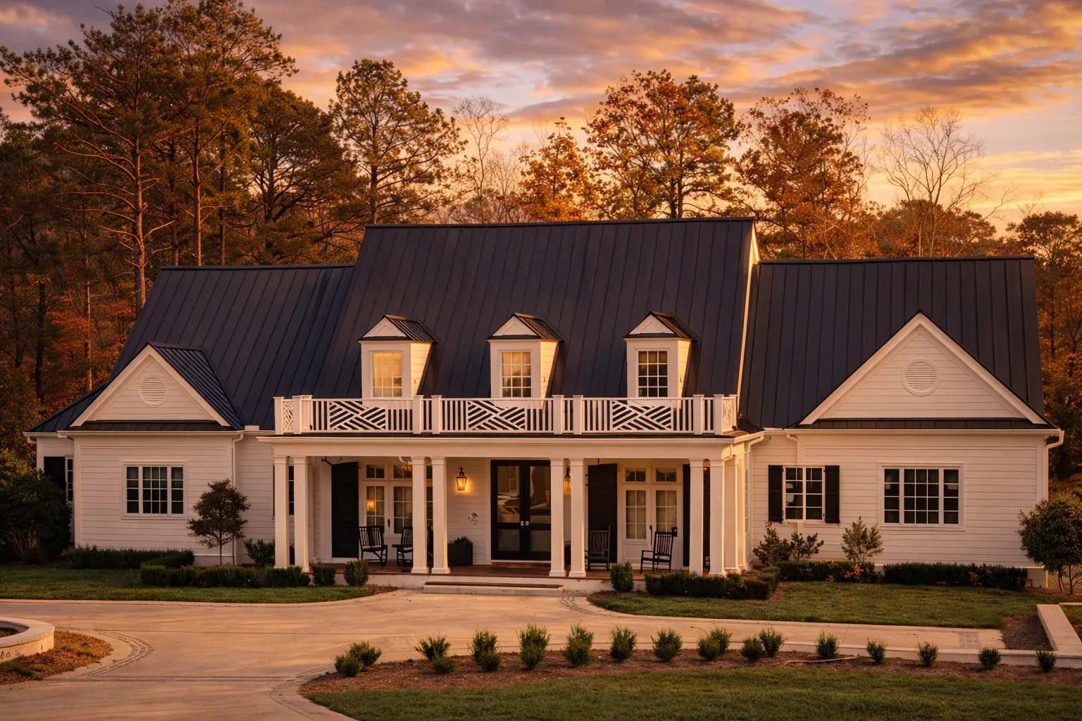 Front elevation of a Southern Farmhouse style home with painted brick exterior, standing seam metal roof, symmetrical dormers, and wide covered front porch
