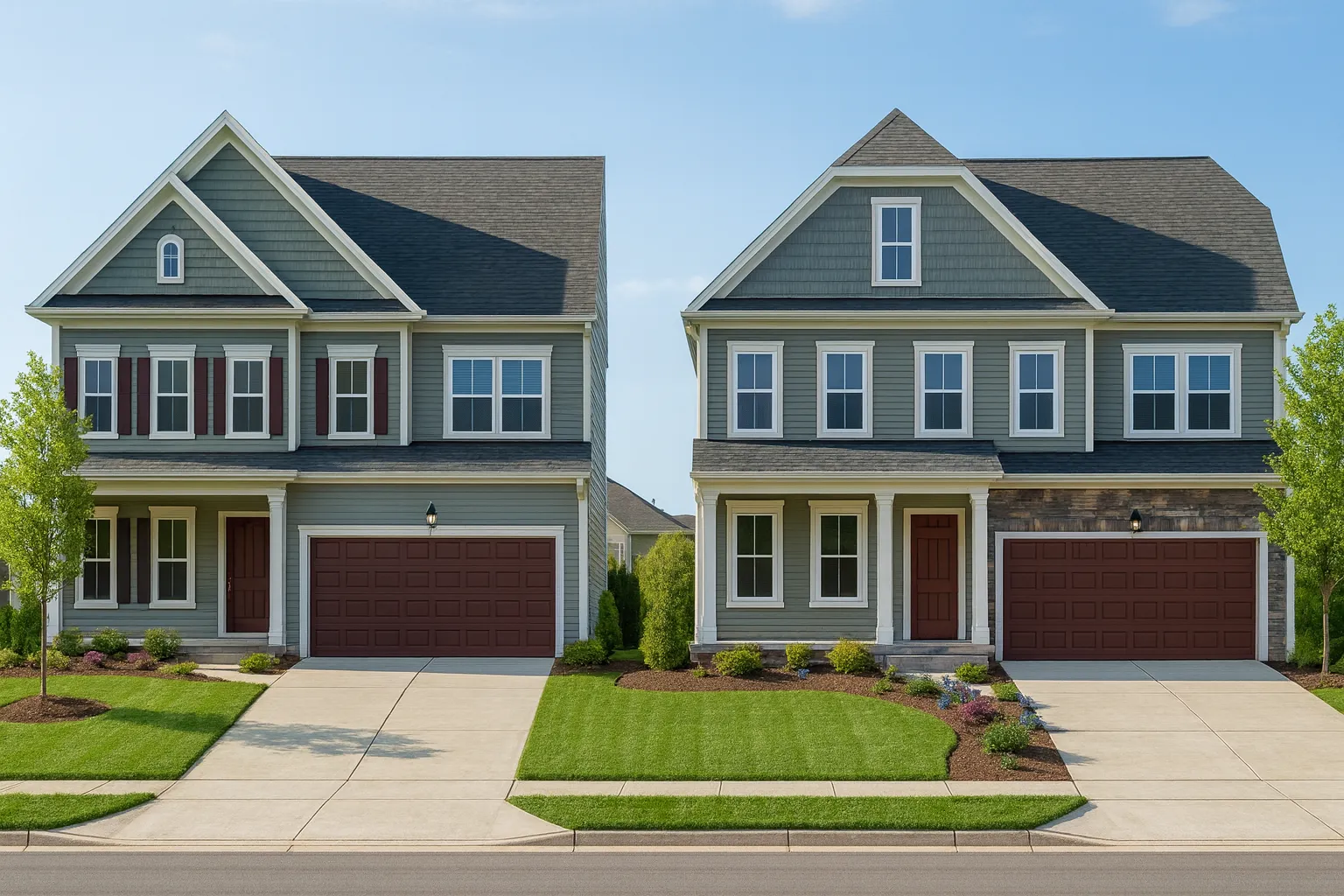 Front view of a Traditional Colonial style home featuring a stone and siding exterior, symmetrical windows, and a classic gabled roofline
