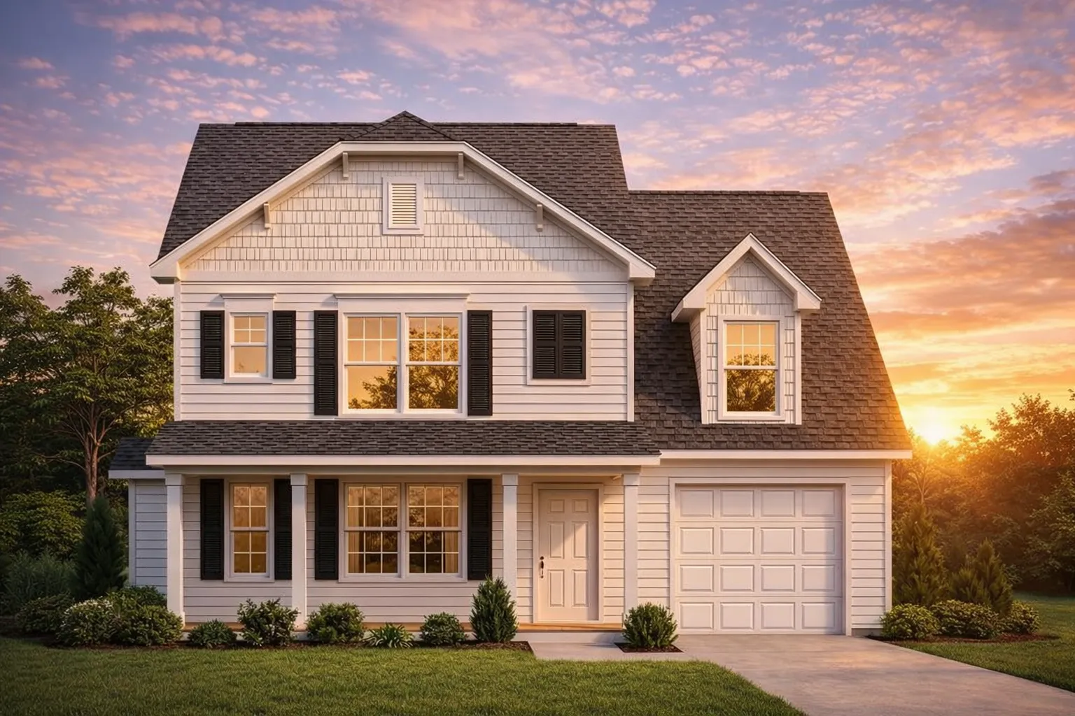 Front elevation of Neo-Colonial style house with horizontal lap siding, symmetrical windows, shutters, and attached garage