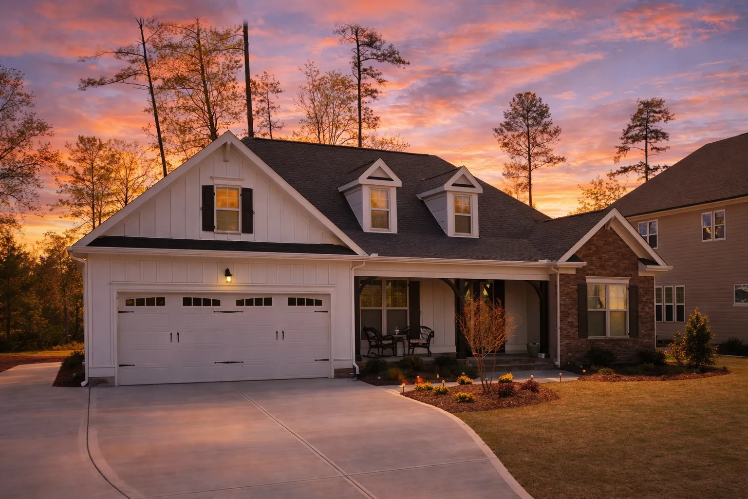 Craftsman Cottage style house plan with stone and siding exterior, dormer windows, and two-car garage