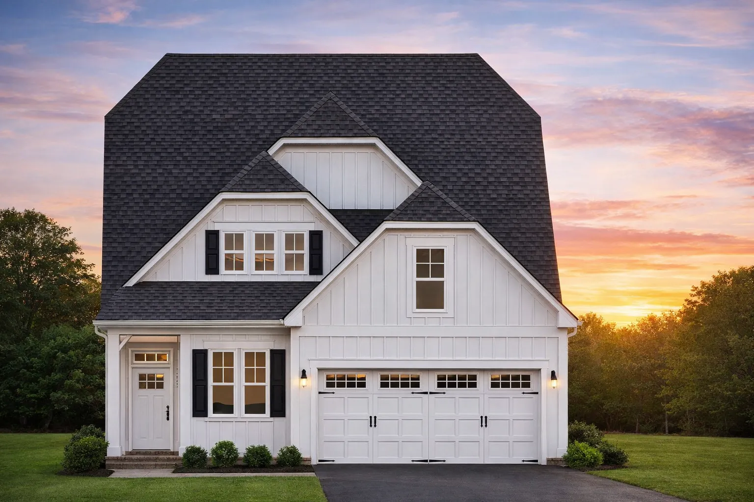 Front elevation of a Traditional New American style home featuring horizontal lap siding, shingle accents, and partial stone wainscoting with a welcoming covered porch.