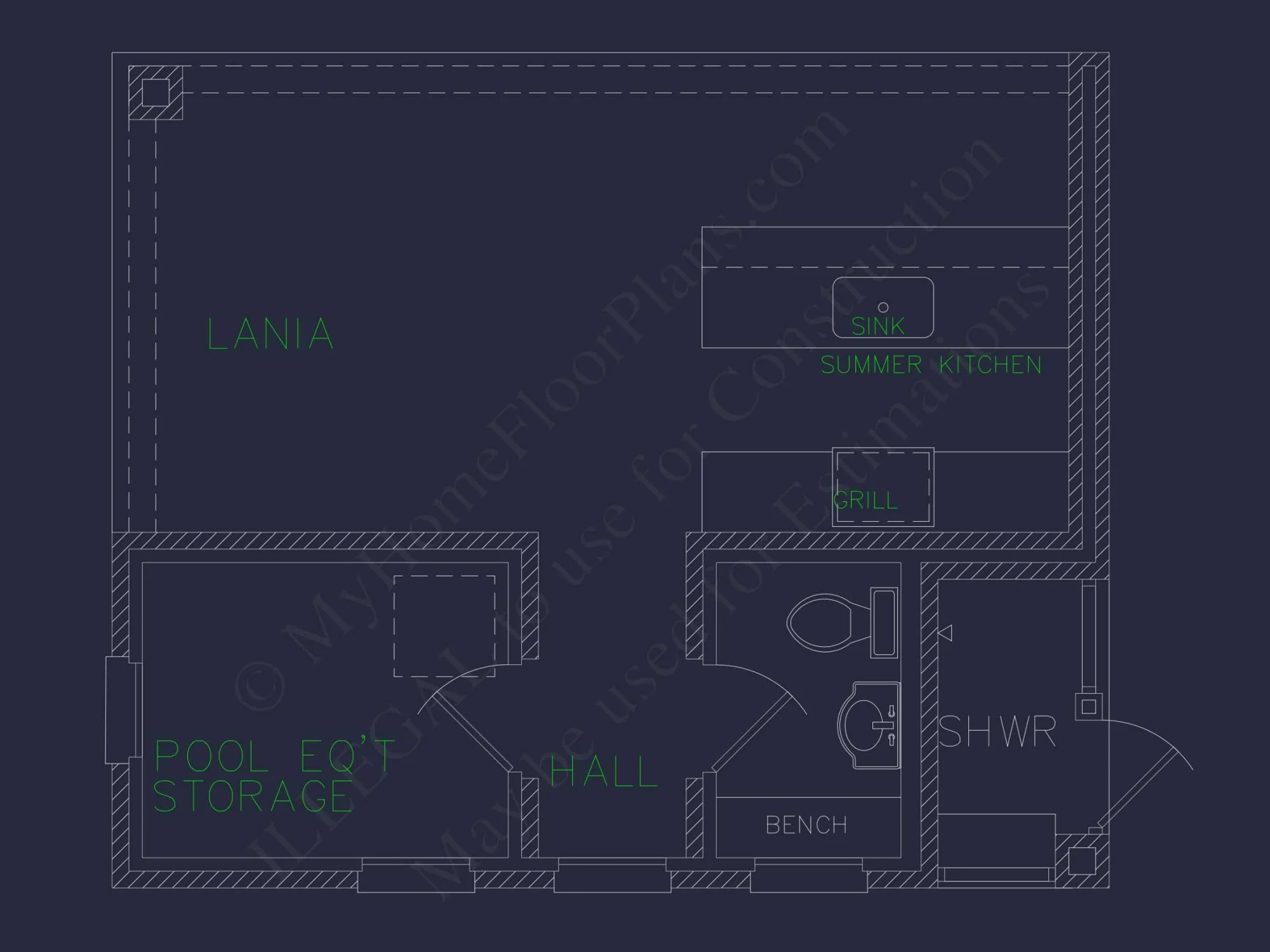 Stylish Pool House Floor Plan with Outdoor Kitchen and Lanai