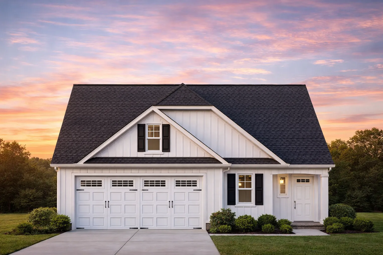 Front elevation of a Traditional Suburban Craftsman style home featuring horizontal lap siding, board-and-batten accents, dormers, and a two-car garage