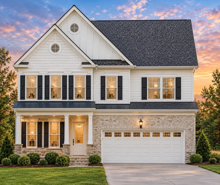 Front view of a Traditional Colonial style home featuring a stone and siding exterior, symmetrical windows, and a classic gabled roofline