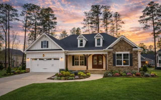Front elevation of a Traditional Colonial style home with horizontal lap siding, stone accents, symmetrical windows, and covered front porch