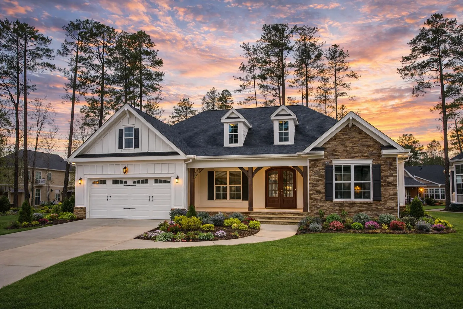 Front elevation of a Traditional Colonial style home with horizontal lap siding, stone accents, symmetrical windows, and covered front porch