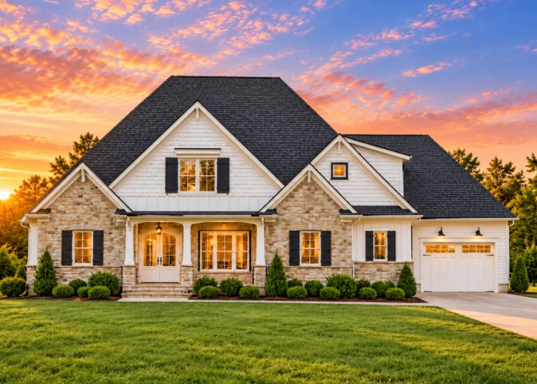 Front elevation of a New American style home with stone veneer, horizontal siding, gabled rooflines, and Craftsman-inspired detailing