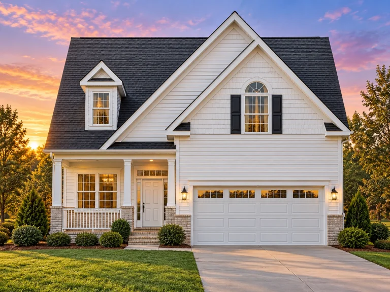 Front view of a Traditional Colonial style home with horizontal siding, brick foundation detailing, black shutters, and a gable roof over a two-car garage