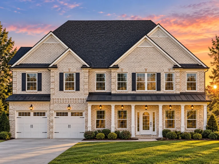 Front elevation of a New American style two-story house with white lap siding, stone accents, black shutters, and a symmetrical traditional facade