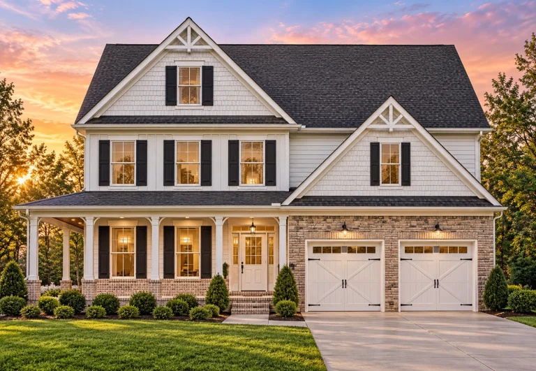 Front elevation of Craftsman style house with horizontal lap siding, shake accents, covered porch, and two-car garage