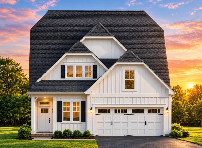 Front elevation of a Traditional New American style home featuring horizontal lap siding, shingle accents, and partial stone wainscoting with a welcoming covered porch.