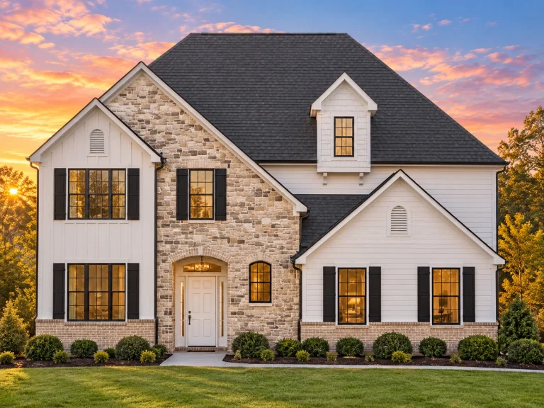 Modern Farmhouse House Plans 20 Front elevation of a Traditional Colonial style brick home with black shutters, centered entry, and balanced two-story façade