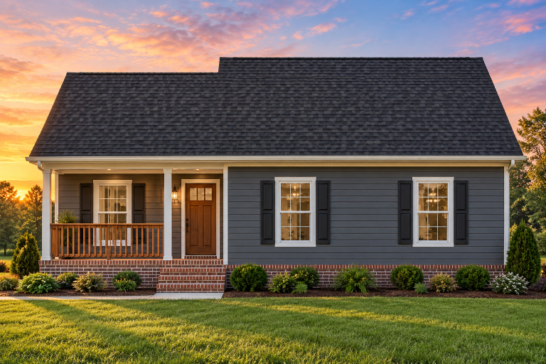 Georgian House Plans 1 Front view of a Traditional Cottage style home with tan horizontal siding, brown roof, and stone foundation accents beneath a covered porch