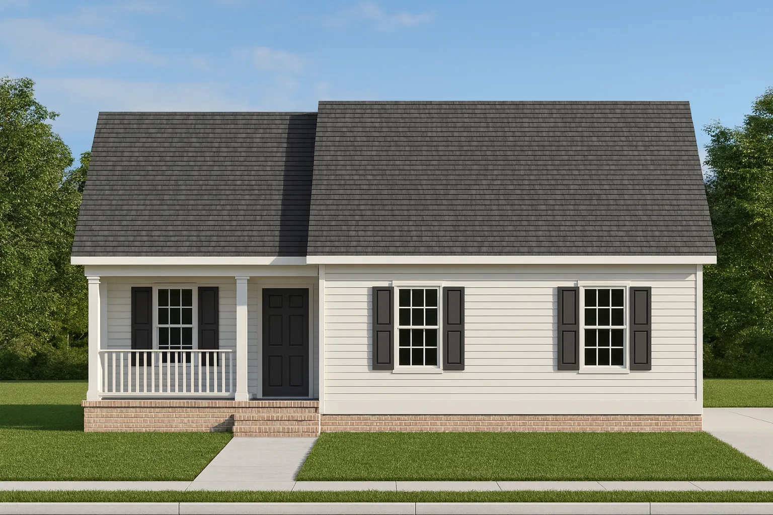 Front view of a Traditional Cottage style home with tan horizontal siding, brown roof, and stone foundation accents beneath a covered porch