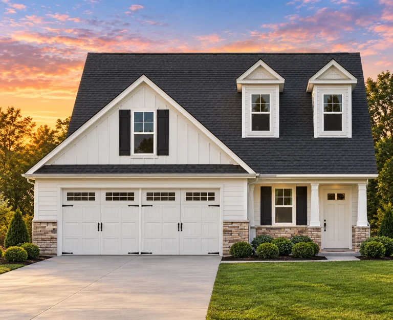 Front elevation of a Traditional Suburban Craftsman style home featuring horizontal lap siding, board-and-batten accents, dormers, and a two-car garage