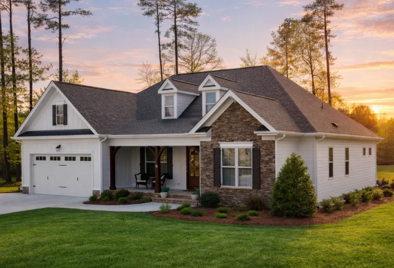 Craftsman Cottage style house plan with stone and siding exterior, dormer windows, and two-car garage