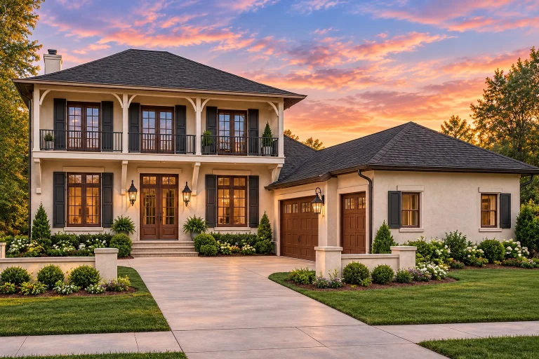 Cottage House Plans 3 Front exterior of a Classical Southern Colonial style home with smooth stucco exterior, upper balcony, wood shutters, and side-entry garage