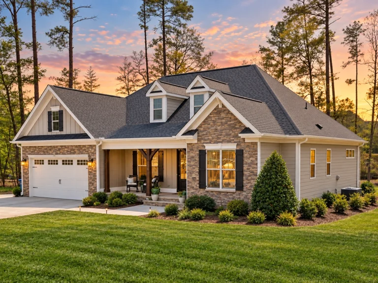 Craftsman Cottage style house plan with stone and siding exterior, dormer windows, and two-car garage