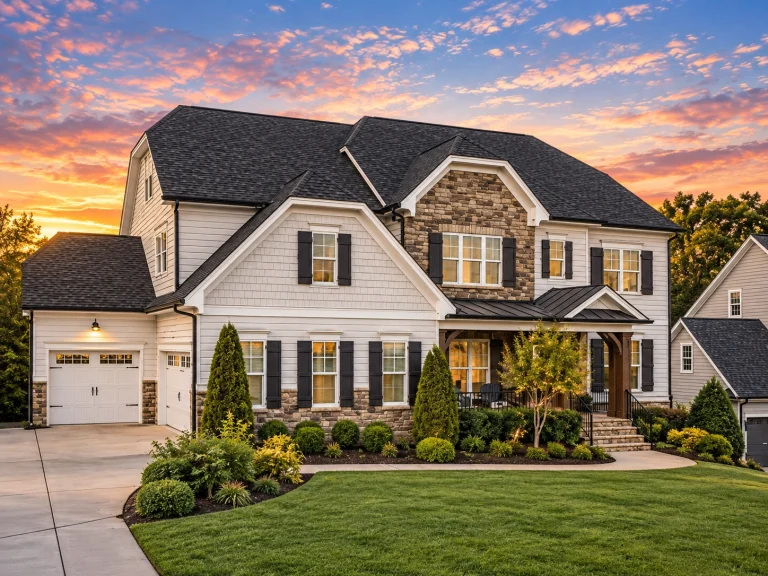Front exterior of a New American Traditional Colonial style home featuring lap siding, stone accents, symmetrical windows, and an arched entry