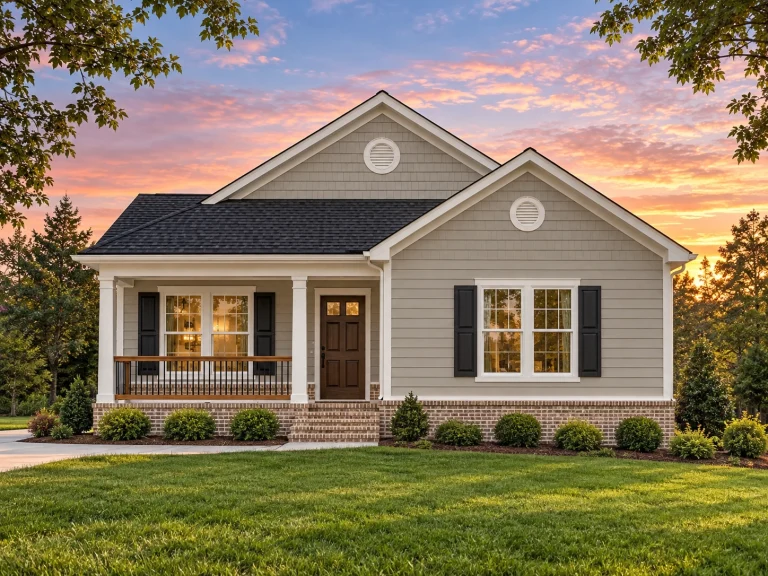 Front view of a Traditional Ranch Cottage home with gray lap siding, black shutters, and covered front porch with white columns