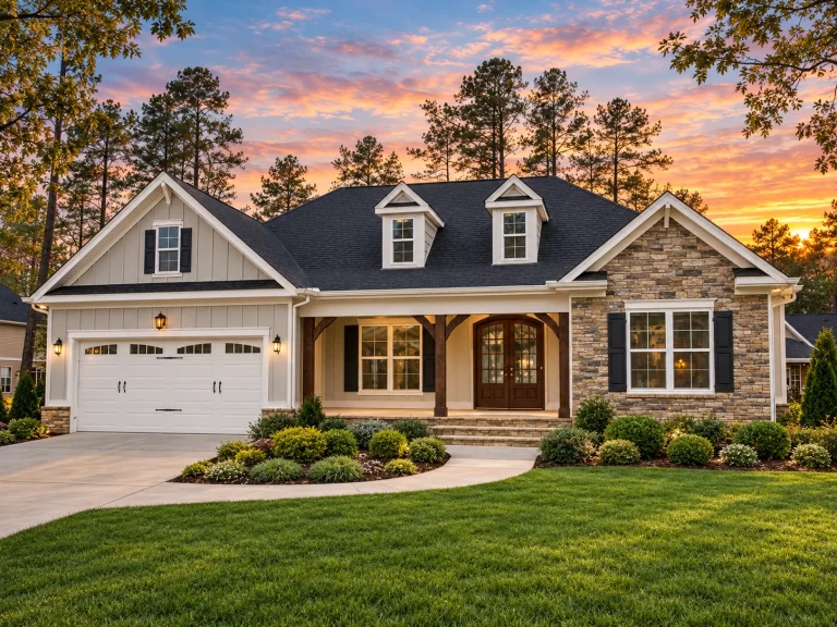 Front elevation of a Traditional Colonial style home with horizontal lap siding, stone accents, symmetrical windows, and covered front porch