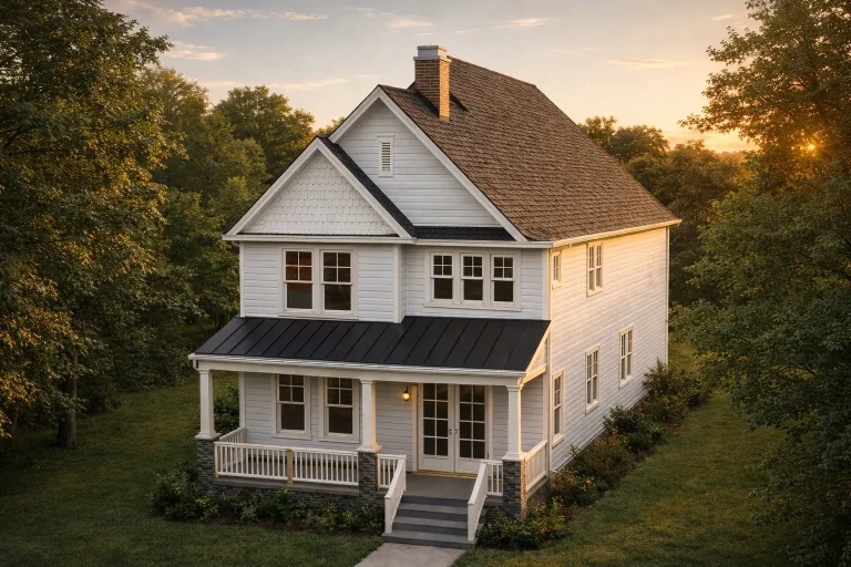 House Plans with Home Office 6 Front view of American Foursquare Colonial Revival style home with white clapboard siding, symmetrical windows, and covered front porch