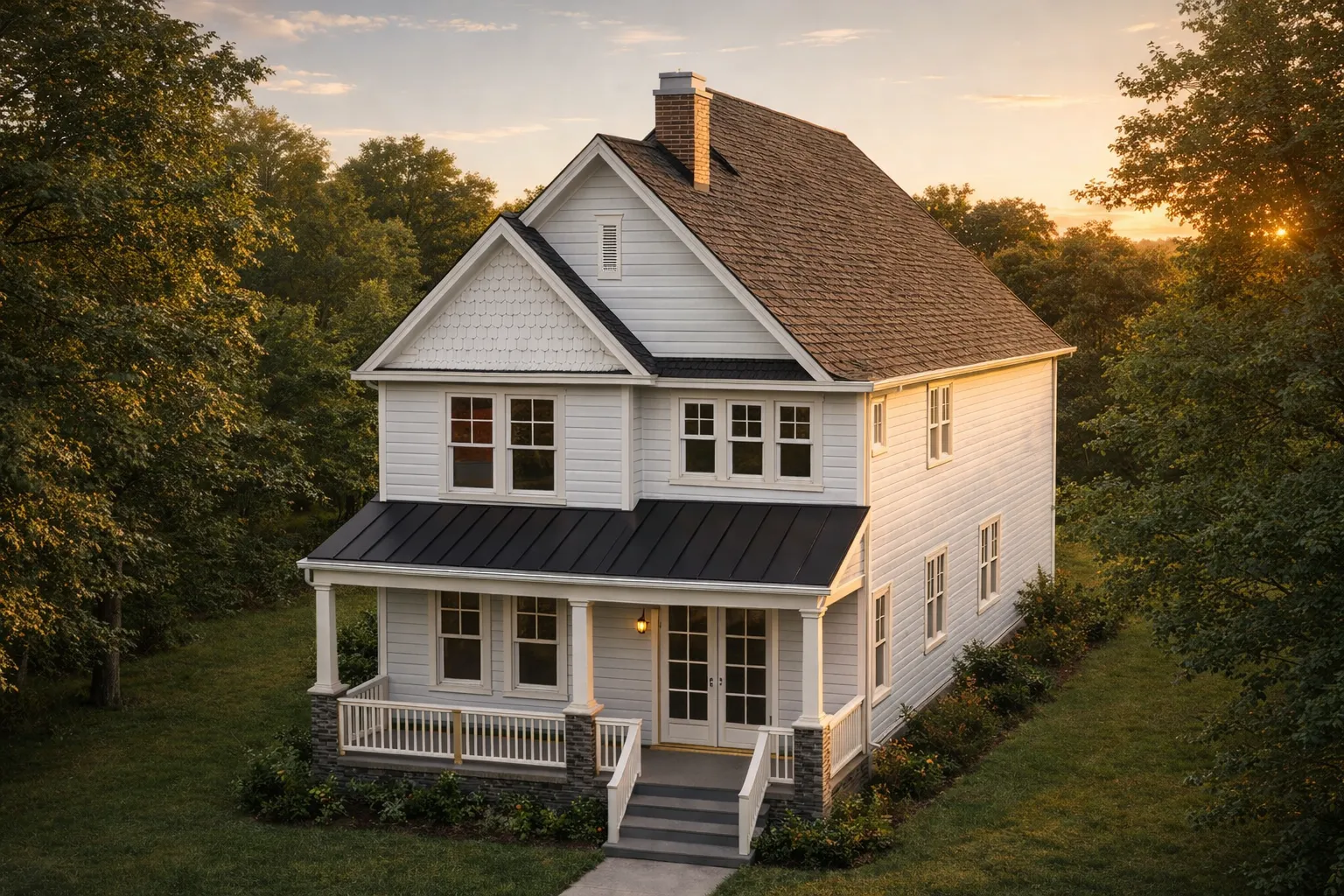 House Plans with Basement Bedrooms 17 Front view of American Foursquare Colonial Revival style home with white clapboard siding, symmetrical windows, and covered front porch