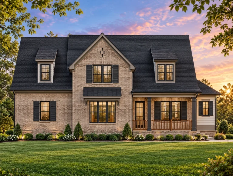 Front view of a Traditional Farmhouse with Cape Cod influences featuring board-and-batten siding, stone accents, gabled dormers, and a welcoming covered porch surrounded by lush landscaping