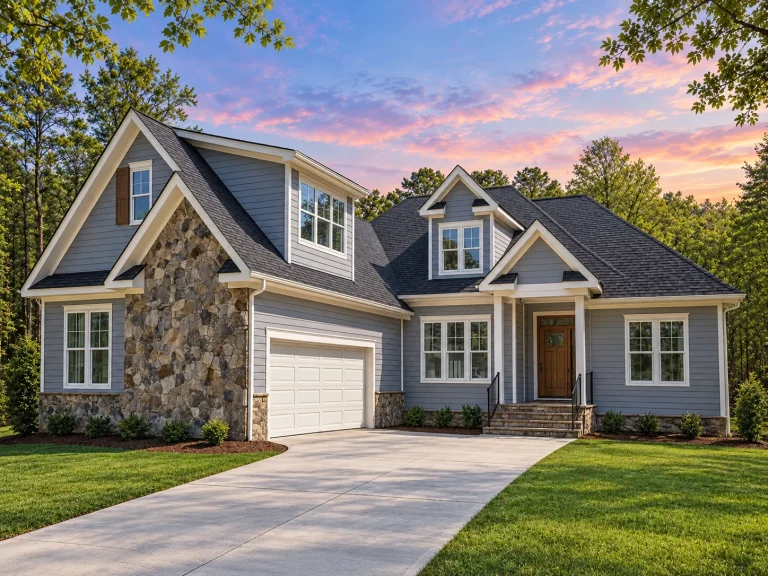 Front elevation of a New American style home with Craftsman details, blue horizontal siding, stone accents, and welcoming covered entry
