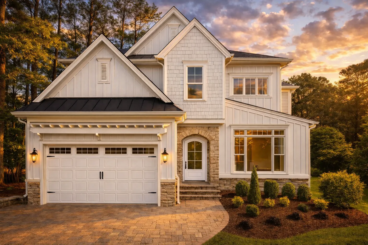 4 Bedroom House Plans 4 Front elevation of a Transitional style home featuring board and batten siding, shingle siding, stone entry, and metal roof accents