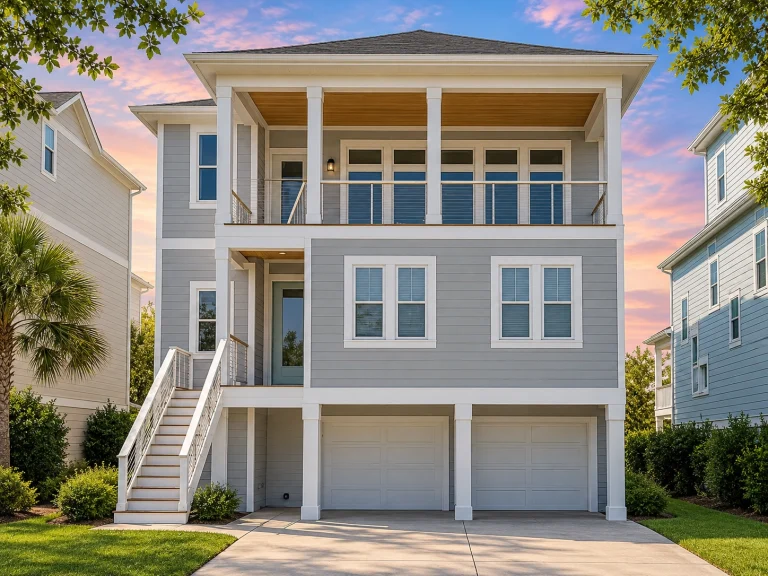 Front exterior of an elevated Coastal Beach style home with horizontal siding, covered balconies, and ground-level garage parking