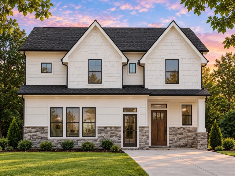 Front elevation of Modern Farmhouse home with horizontal lap siding, stone veneer base, symmetrical gables, and covered entry