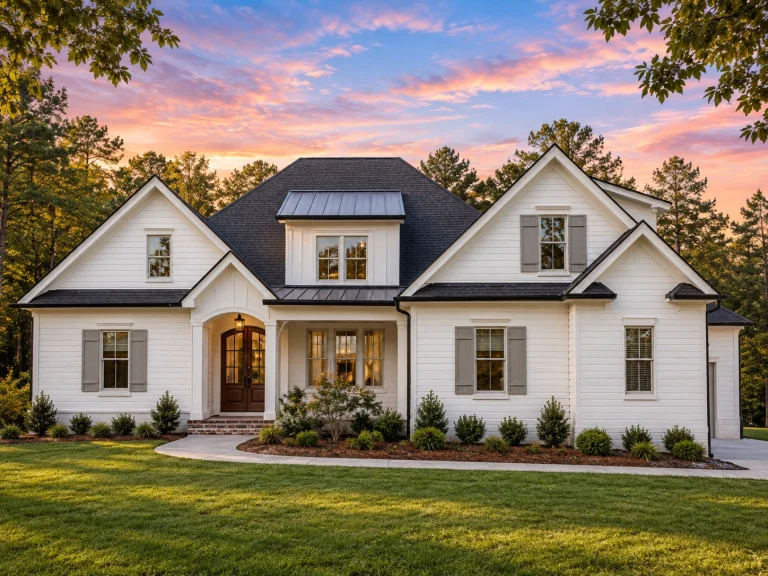 Front elevation of a New American Modern Farmhouse style home with white board and batten siding, symmetrical façade, and classic gabled rooflines