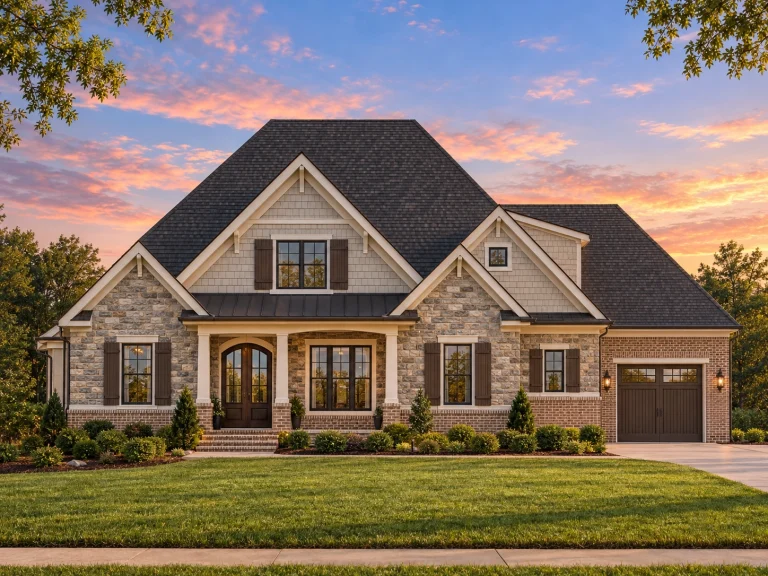 Front elevation of a New American style home with stone veneer, horizontal siding, gabled rooflines, and Craftsman-inspired detailing