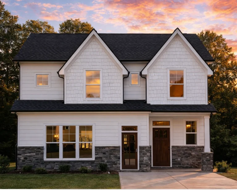 Front elevation of Modern Farmhouse home with horizontal lap siding, stone veneer base, symmetrical gables, and covered entry