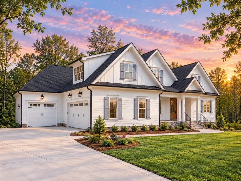 Front elevation of a New American Colonial Revival style home featuring horizontal siding, board and batten accents, brick foundation, dormer windows, and a covered front porch