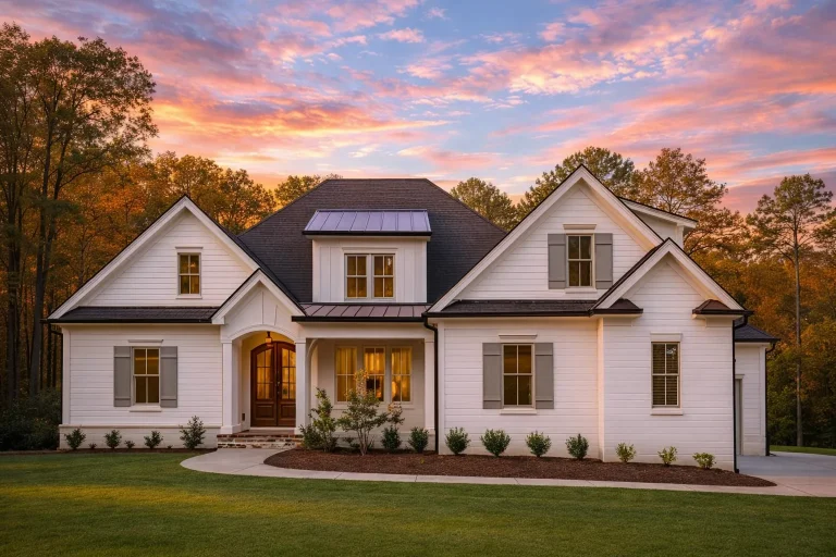 Foyer House Plans 3 Front elevation of a New American Modern Farmhouse style home with white board and batten siding, symmetrical façade, and classic gabled rooflines