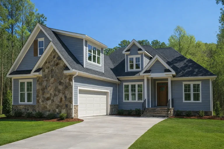 House Plans with Spacious Laundry Room 4 Front elevation of a New American style home with Craftsman details, blue horizontal siding, stone accents, and welcoming covered entry