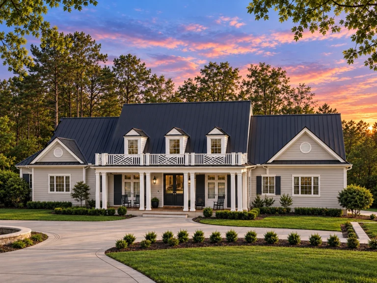 Front elevation of a Southern Farmhouse style home with painted brick exterior, standing seam metal roof, symmetrical dormers, and wide covered front porch