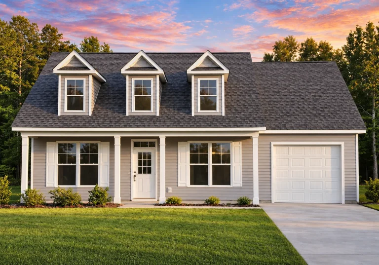 Front elevation of a Cape Cod style home featuring dormers, vinyl siding, stone accents, and a classic covered porch