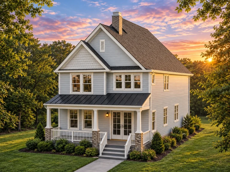 Front view of American Foursquare Colonial Revival style home with white clapboard siding, symmetrical windows, and covered front porch