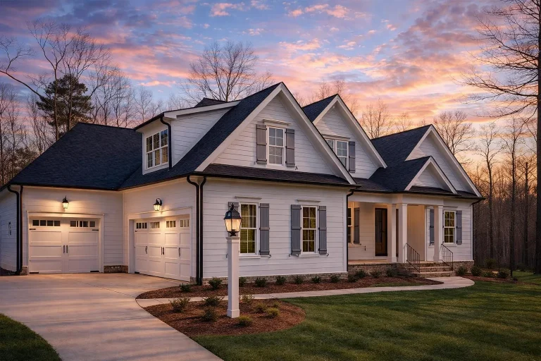 Front elevation of a New American Colonial Revival style home featuring horizontal siding, board and batten accents, brick foundation, dormer windows, and a covered front porch