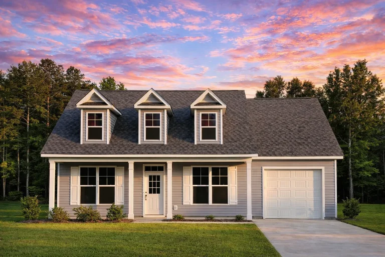 Front elevation of a Cape Cod style home featuring dormers, vinyl siding, stone accents, and a classic covered porch