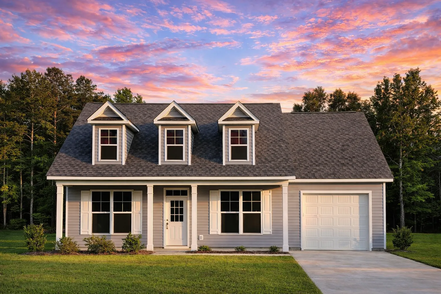 Craftsman House Plans 29 Front elevation of a Cape Cod style home featuring dormers, vinyl siding, stone accents, and a classic covered porch