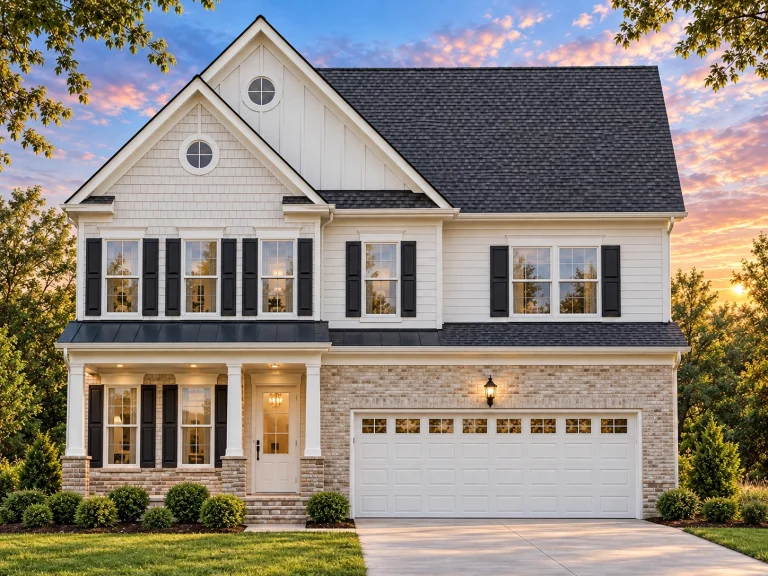 Front view of a Traditional Colonial style home featuring a stone and siding exterior, symmetrical windows, and a classic gabled roofline