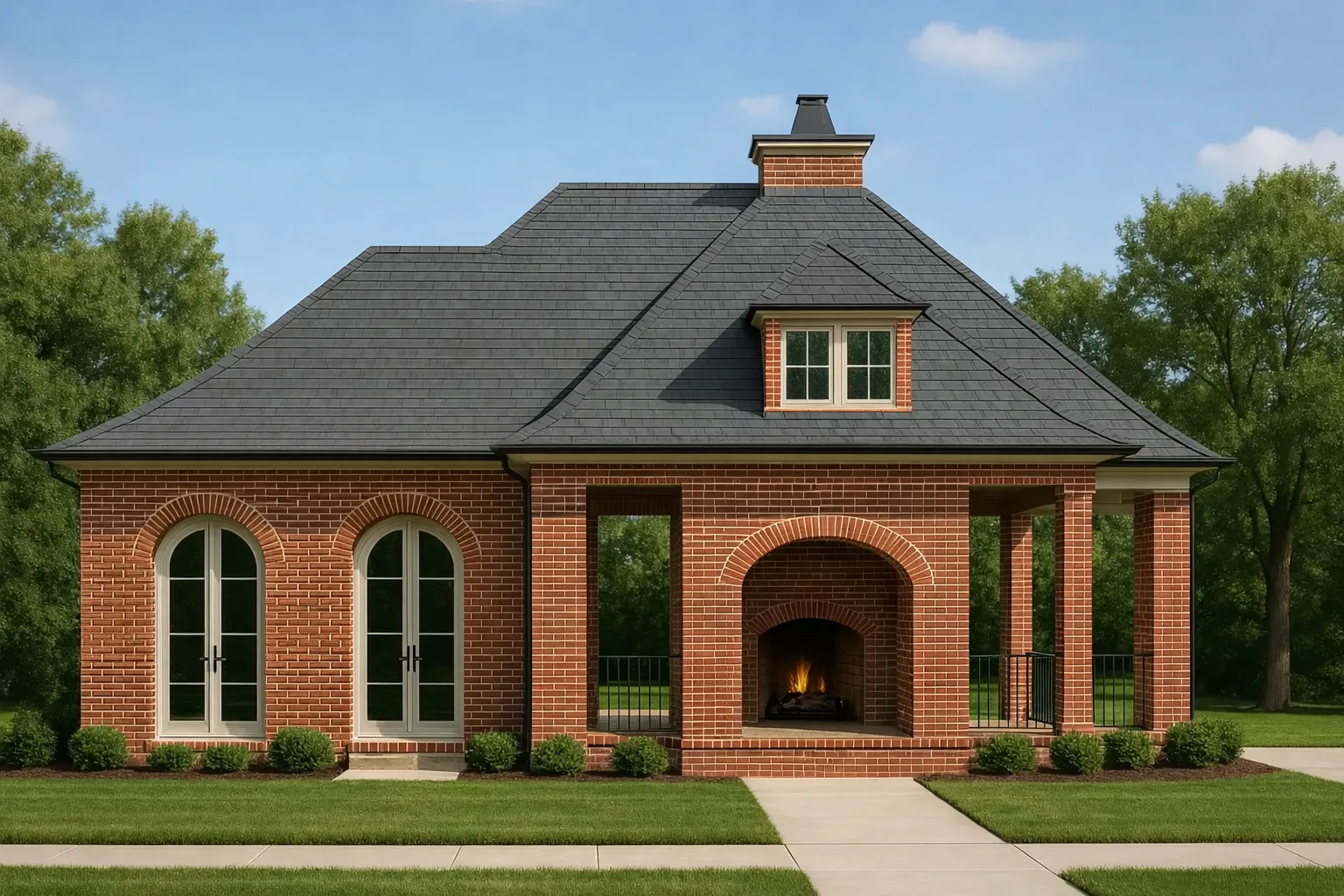 Front exterior view of a Traditional Colonial style brick home with Classical Southern design, arched openings, and symmetrical proportions